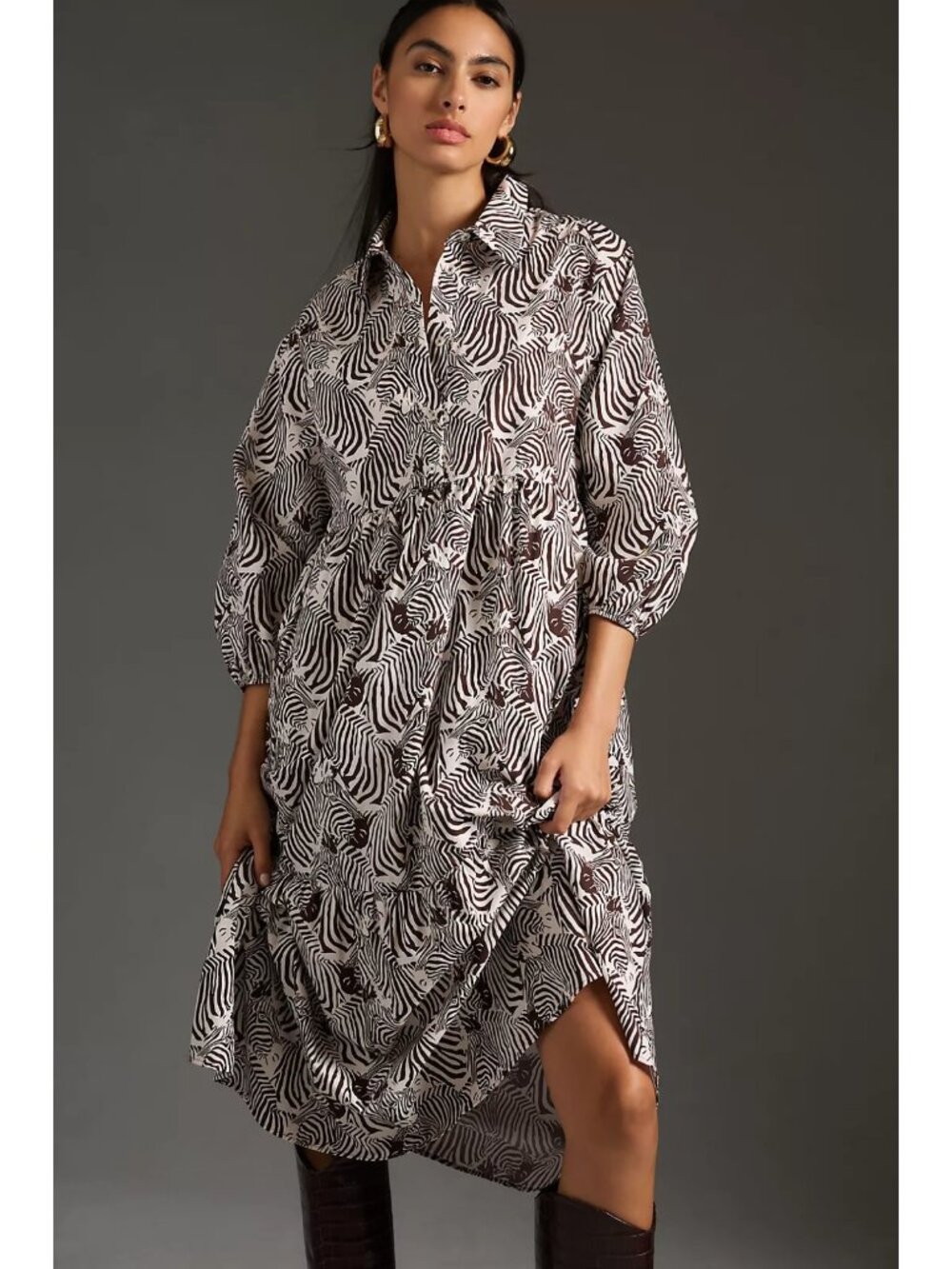 NWT Anthropologie Maeve Bettina in Brown Zebra Cotton Shirt Dress XS Petite